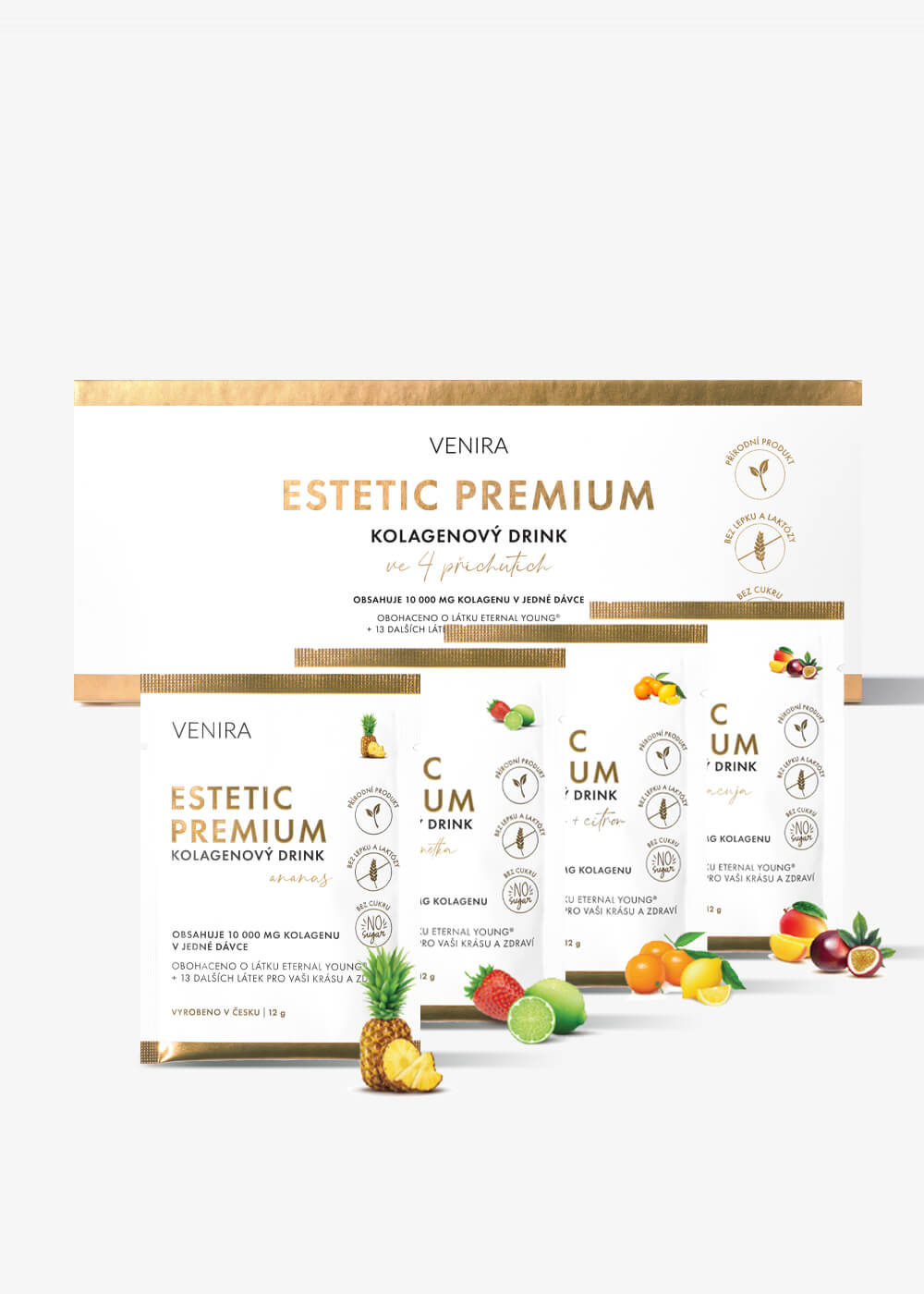 VENIRA ESTETIC PREMIUM kolagén pre vlasy, nechty a pleť - 40 sáčkov, mix 4 príchutí, bravčový kolagén, 480 g 1 VENIRA ESTETIC PREMIUM kolagén pre vlasy