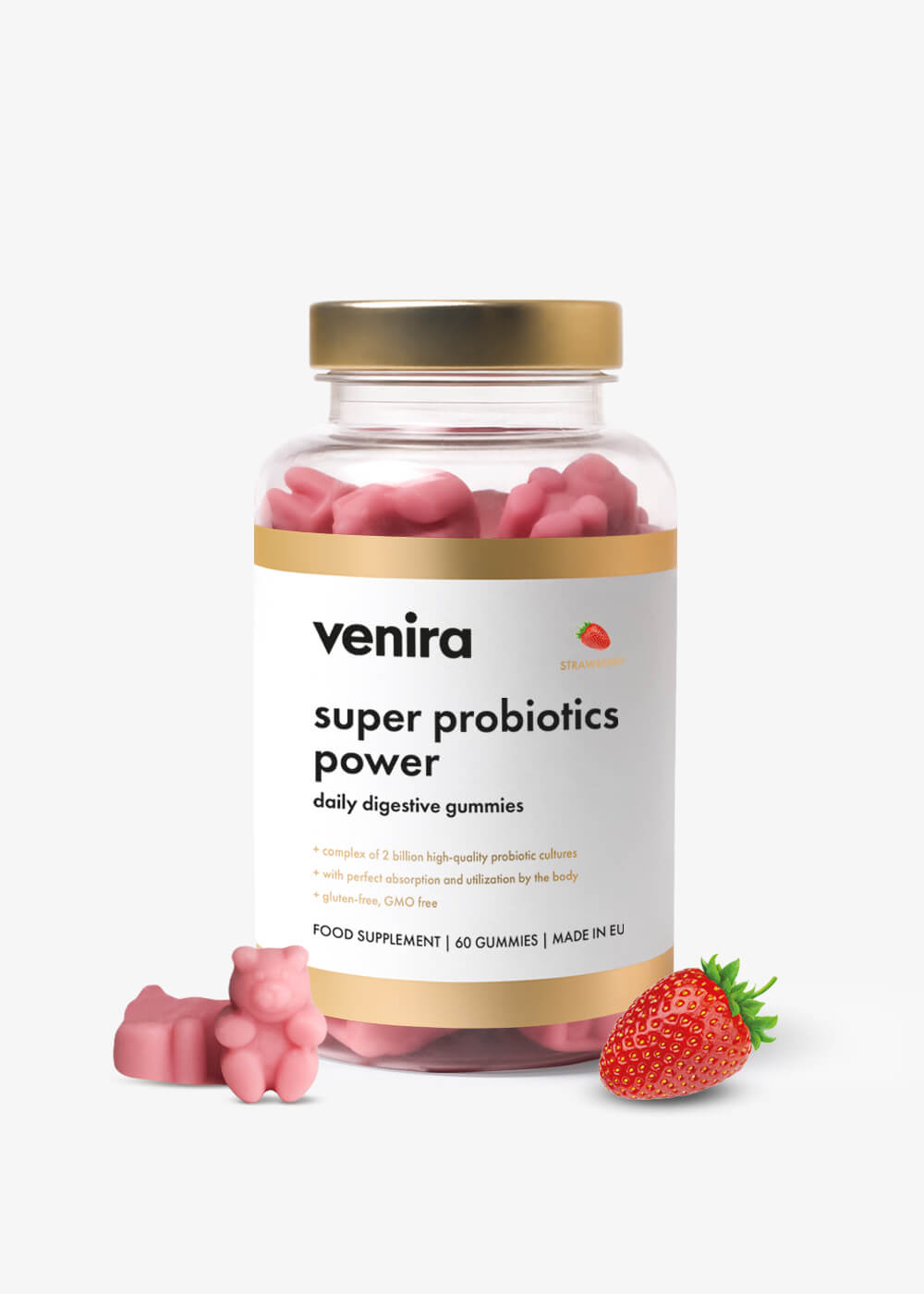 VENIRA Super Probiotiká – Medvedíky na Zlepšenie Trávenia s Príchuťou Jahody, 60 Cukríkov 1 VENIRA super probiotics power - medvedíky na zlepšenie trávenia