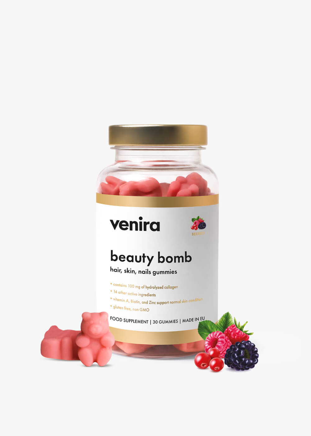 VENIRA beauty bomb – medvedíky na vlasy, nechty a pokožku s lesnými plodmi – 30 cukríkov pre krásu a zdravie 1 VENIRA beauty bomb - medvedíky na vlasy