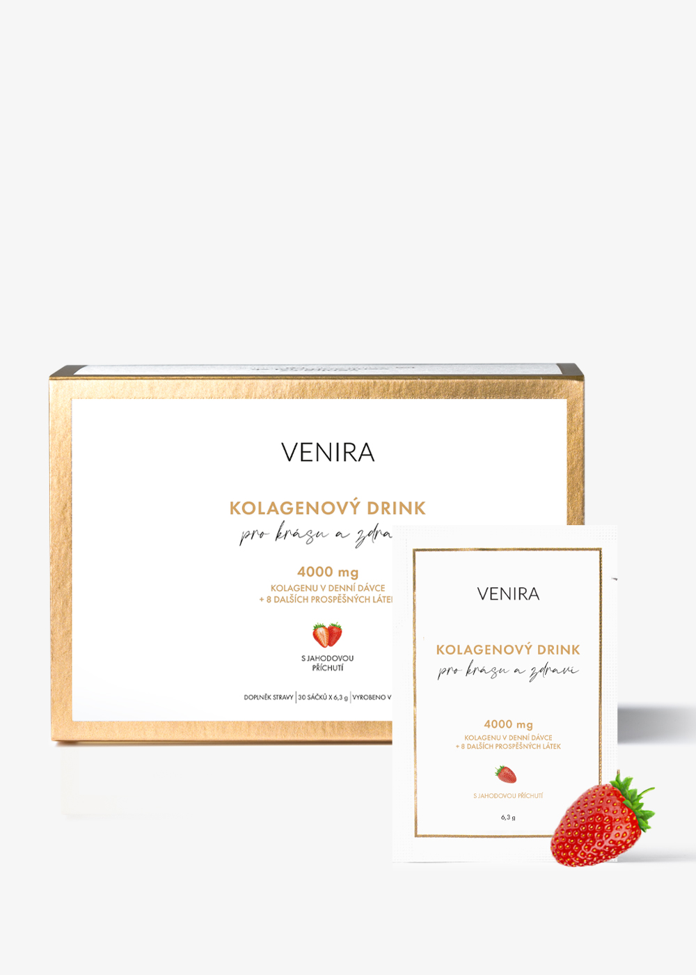 VENIRA kolagénový drink pre vlasy, nechty a pleť - Jahoda, 30 vrecúšok, bravčový kolagén, 189 g 1 VENIRA kolagénový drink pre vlasy